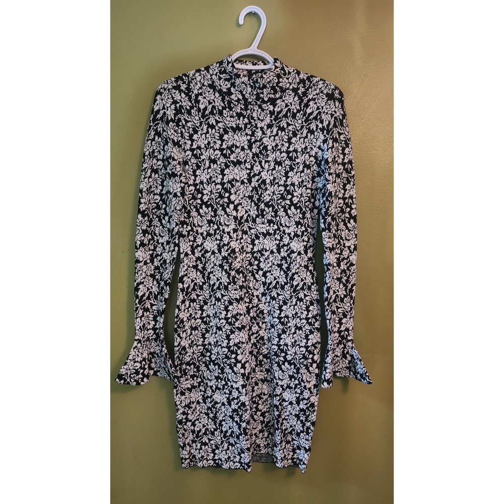Michael Kors Black/white Floral Long Sleeve Bodycon Dress | Small